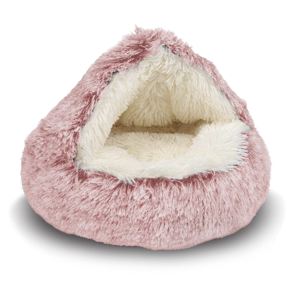 ShinHye Cozy Cat Bed, cueva redonda de felpa rosa para refugio cómodo.