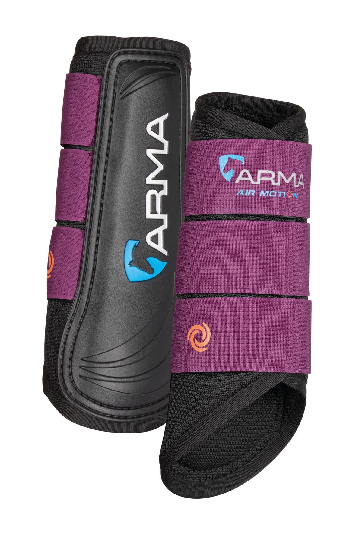 Shires ARMA Air Motion Brushing Boots plum vista frontal, protección versátil para poni pequeño