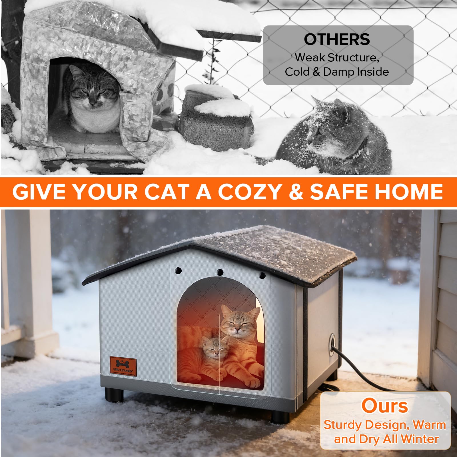 SHU UFANRO casa-gato-aislada-estructura-resistente, soporte duradero ante viento y lluvia.