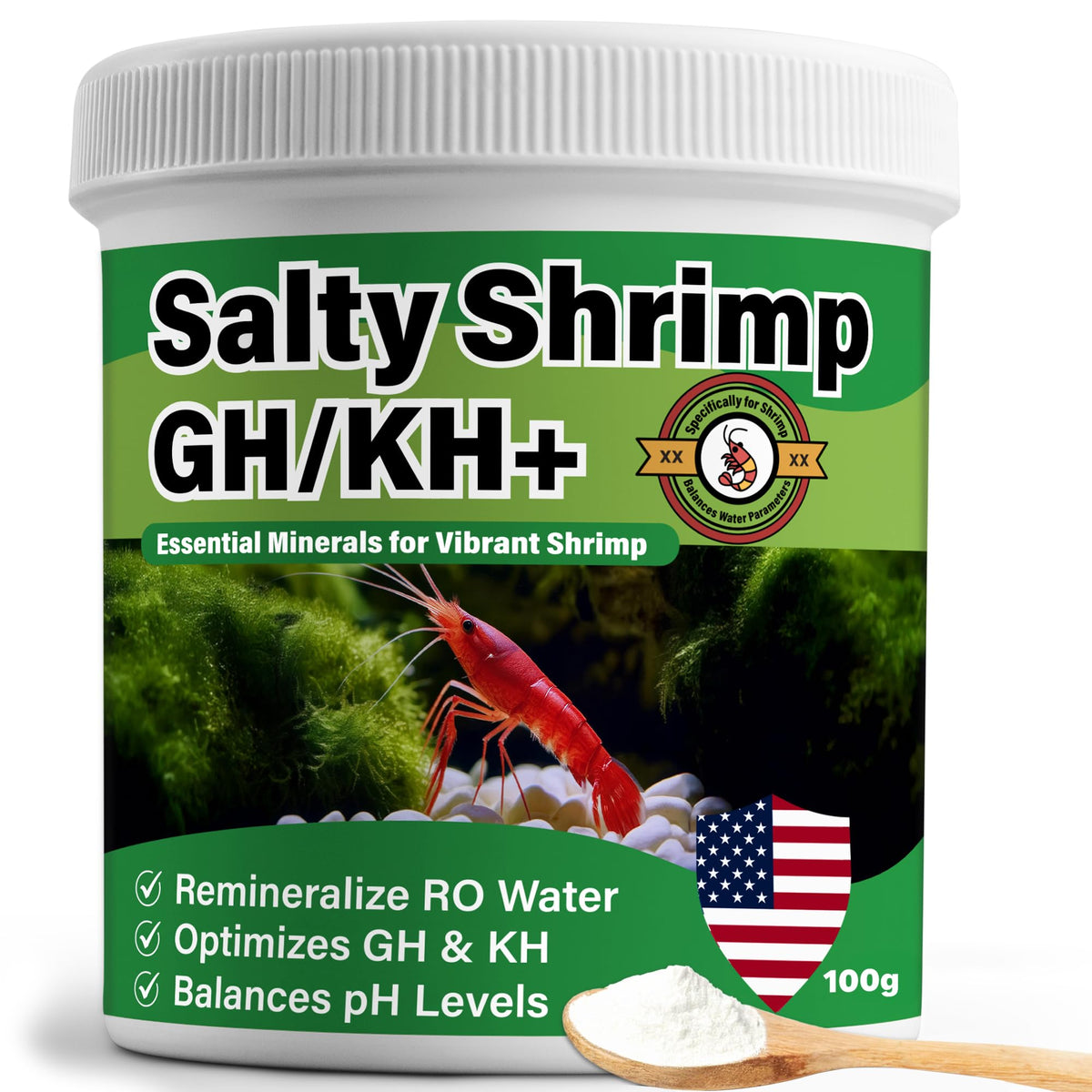 SHUNNIUB Salty Shrimp GH/KH+ en botella, vista frontal, remineraliza agua para camarones.