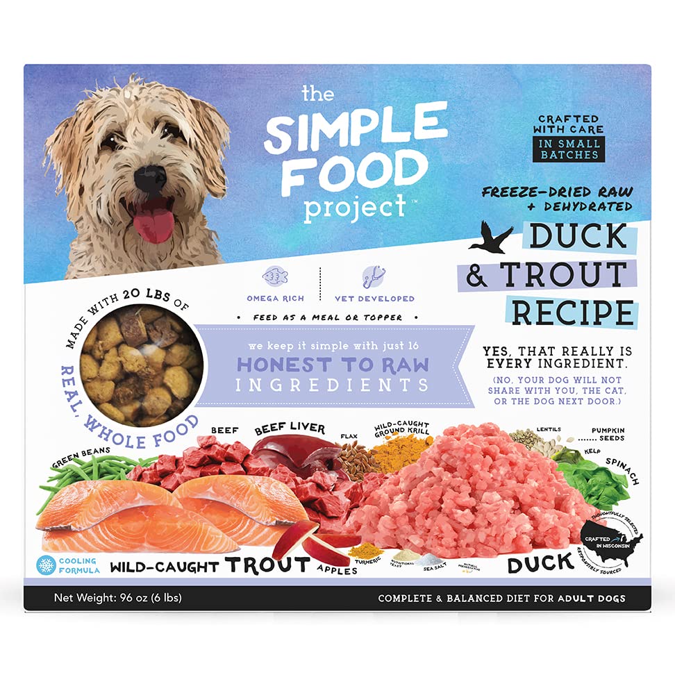 Simple Food Project pato-trucha receta 96oz, ideal como comida principal para perros activos.