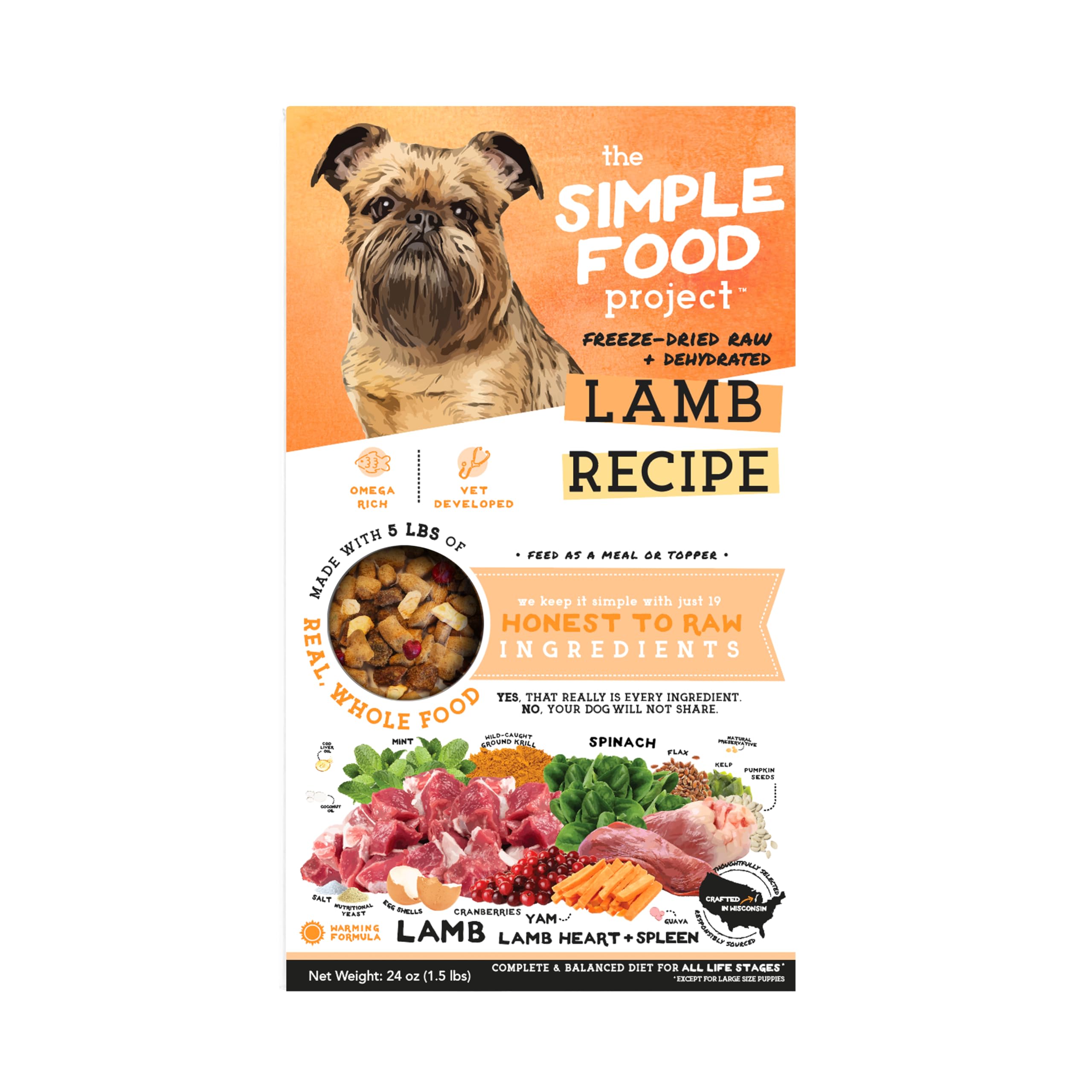 Simple Food Project receta cordero crudo congelado para perros, opción completa para cada comida.