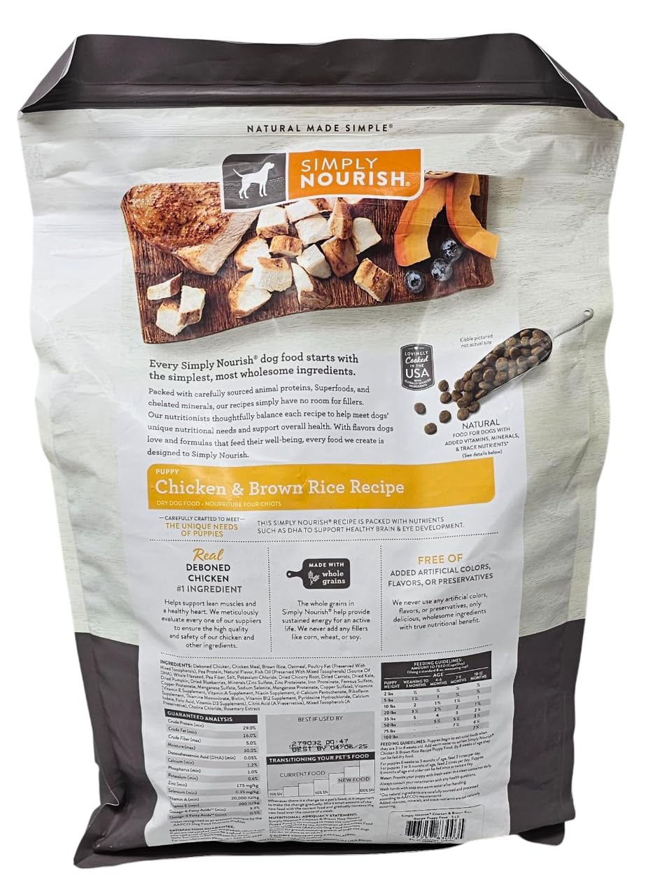SIMPLY NOURISH croquetas con pollo y arroz, cocinadas en EEUU para cachorros en crecimiento.