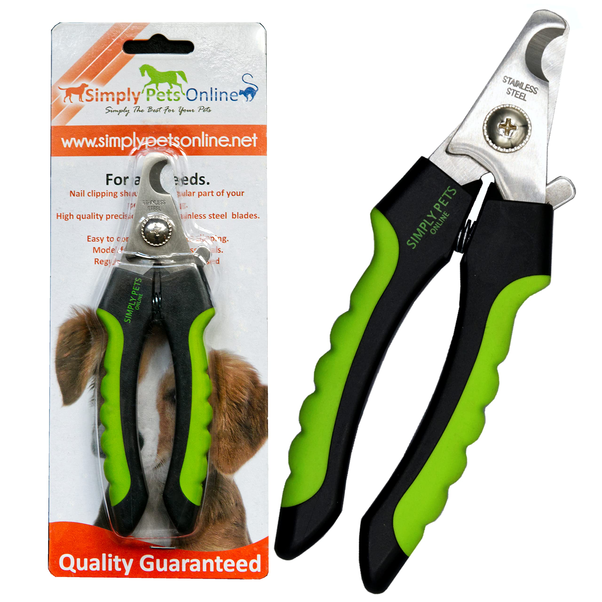 Tijeras Simply Pets Online con guarda para evitar sobrecorte en perros medianos y grandes.