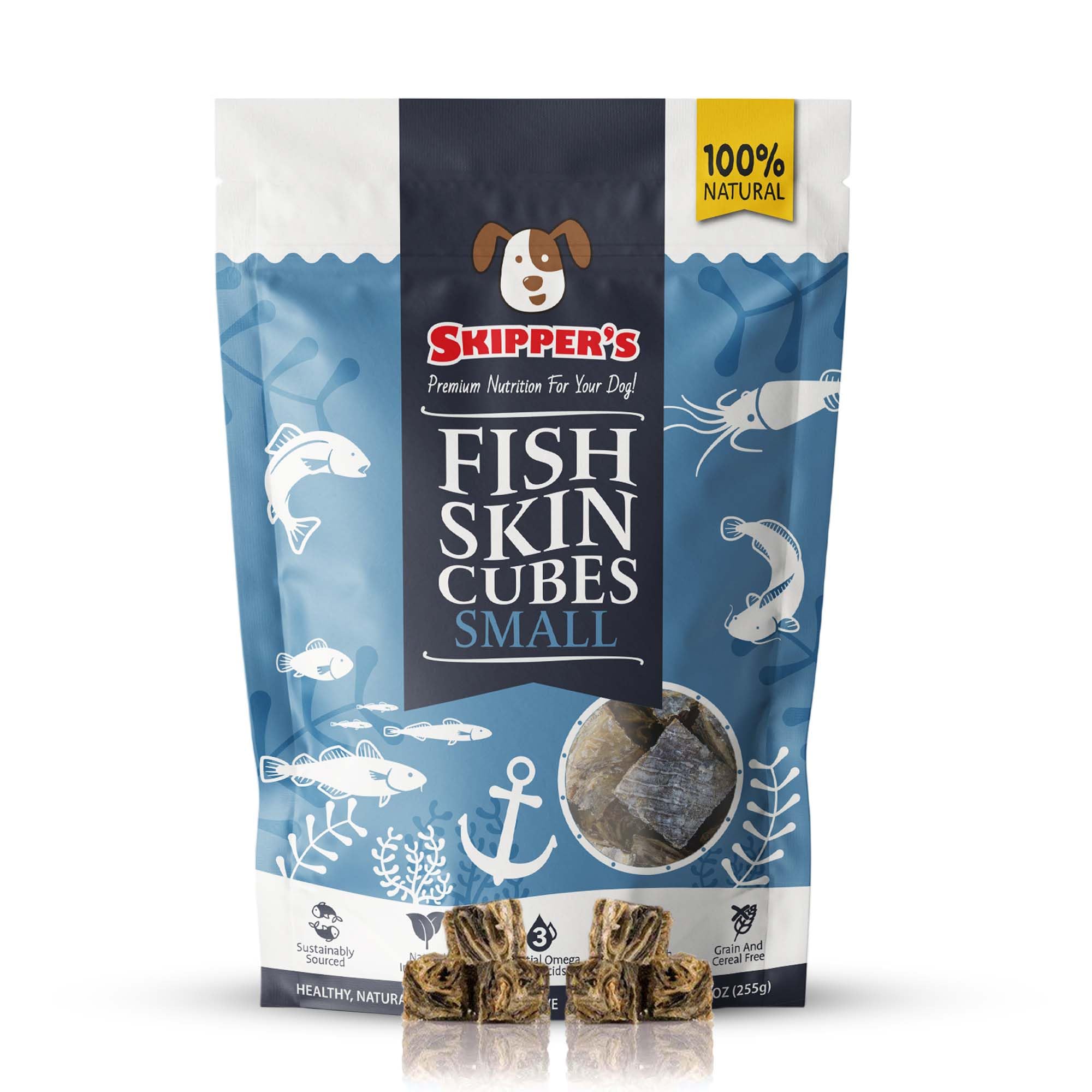 Skipper's bacalao piel, pequeños cubos jerky para perros y entrenamiento