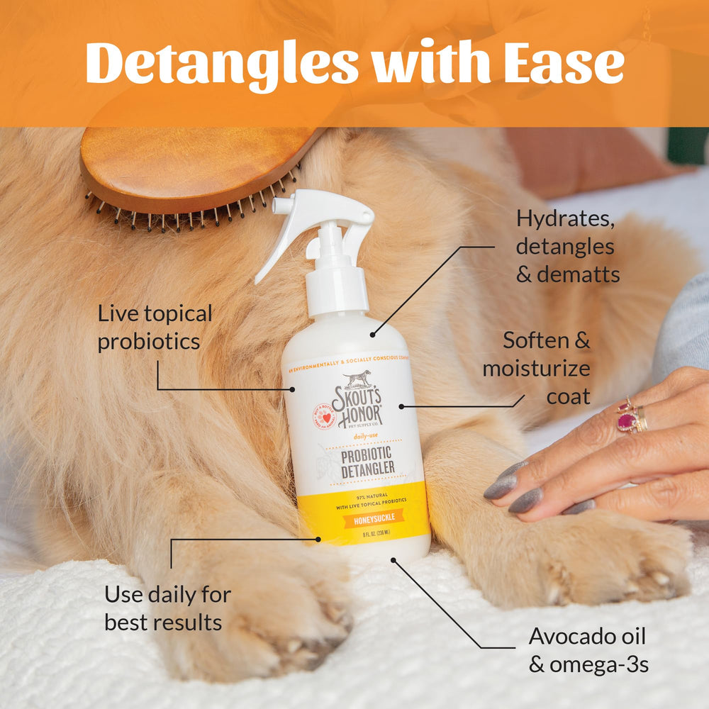 Detangler SKOUT'S HONOR, envase 8oz para sesiones de grooming en casa.