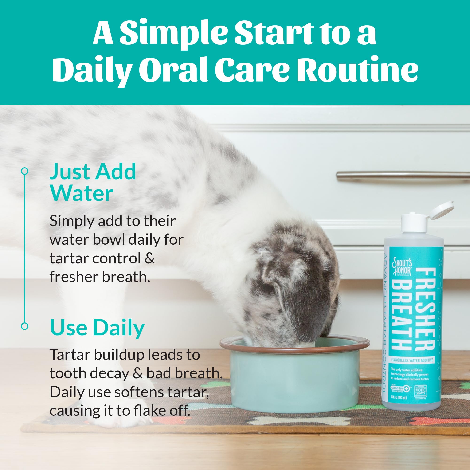 SKOUT'S HONOR Fresher Breath Water Additive: fórmula neutra sin sabor para paladares sensibles.