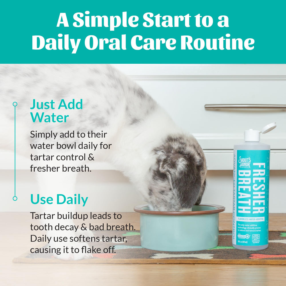SKOUT'S HONOR Fresher Breath Water Additive: fórmula neutra sin sabor para paladares sensibles.