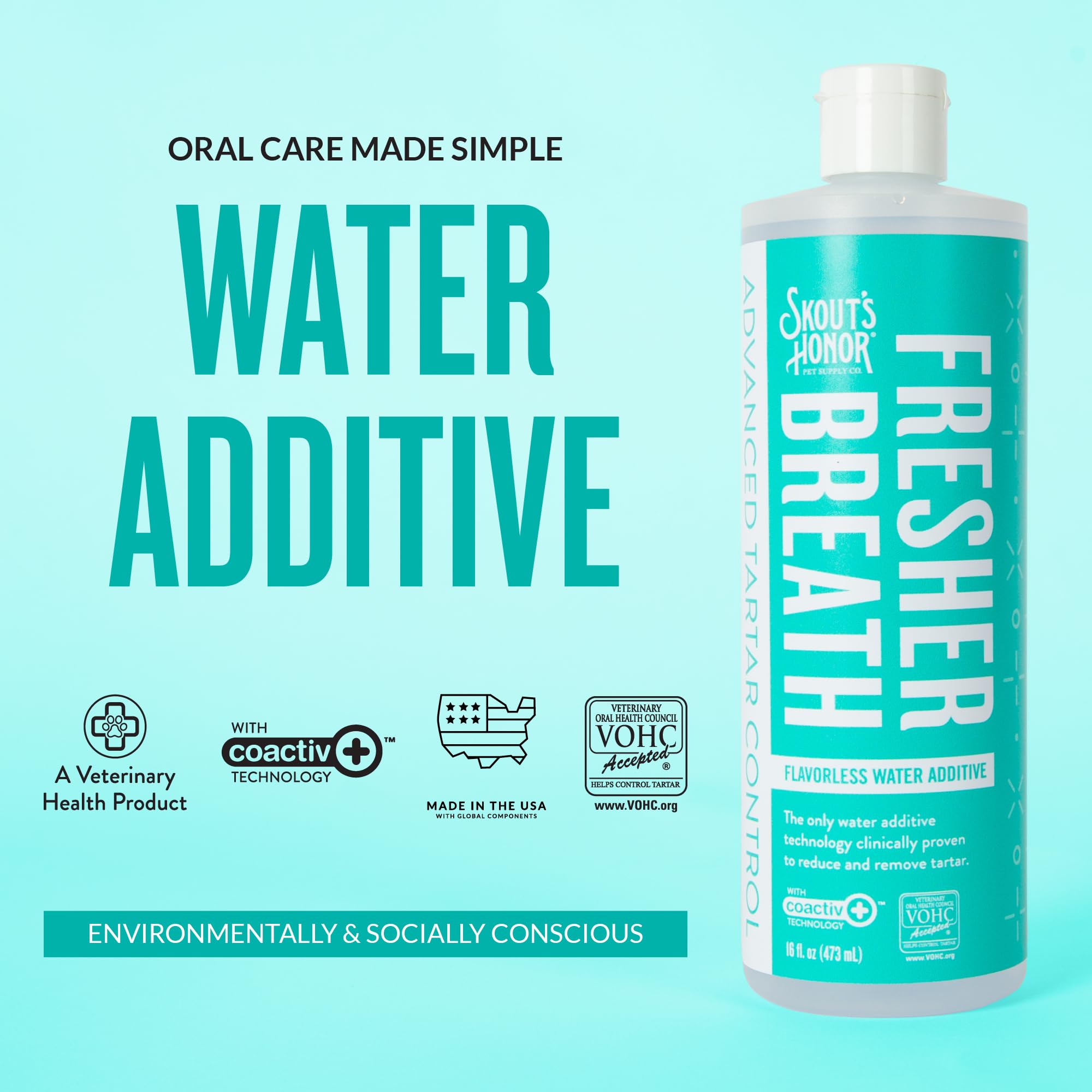 SKOUT'S HONOR Fresher Breath Water Additive: vertido en el cuenco para higiene oral diaria.