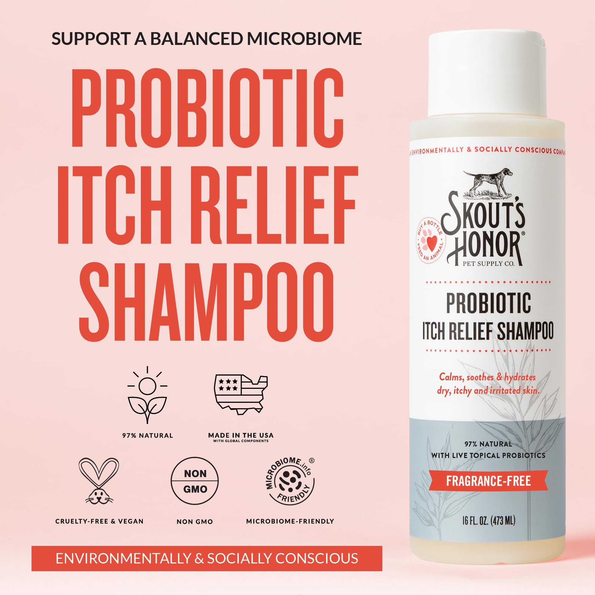 SKOUT'S HONOR Probiotic Itch Relief Shampoo, contiene aceite de aguacate, suaviza y fortalece el pelaje.