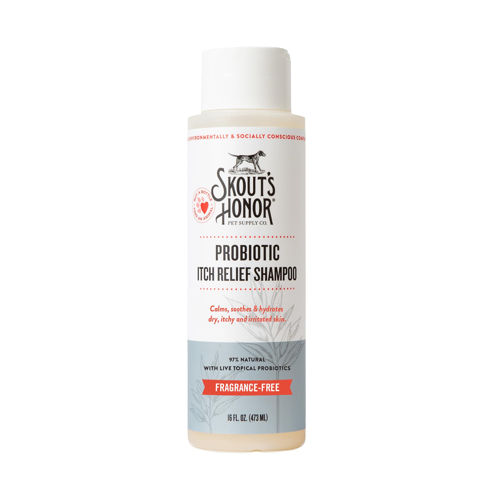 SKOUT'S HONOR Probiotic Itch Relief Shampoo, botella frontal, calma la irritación de la piel.