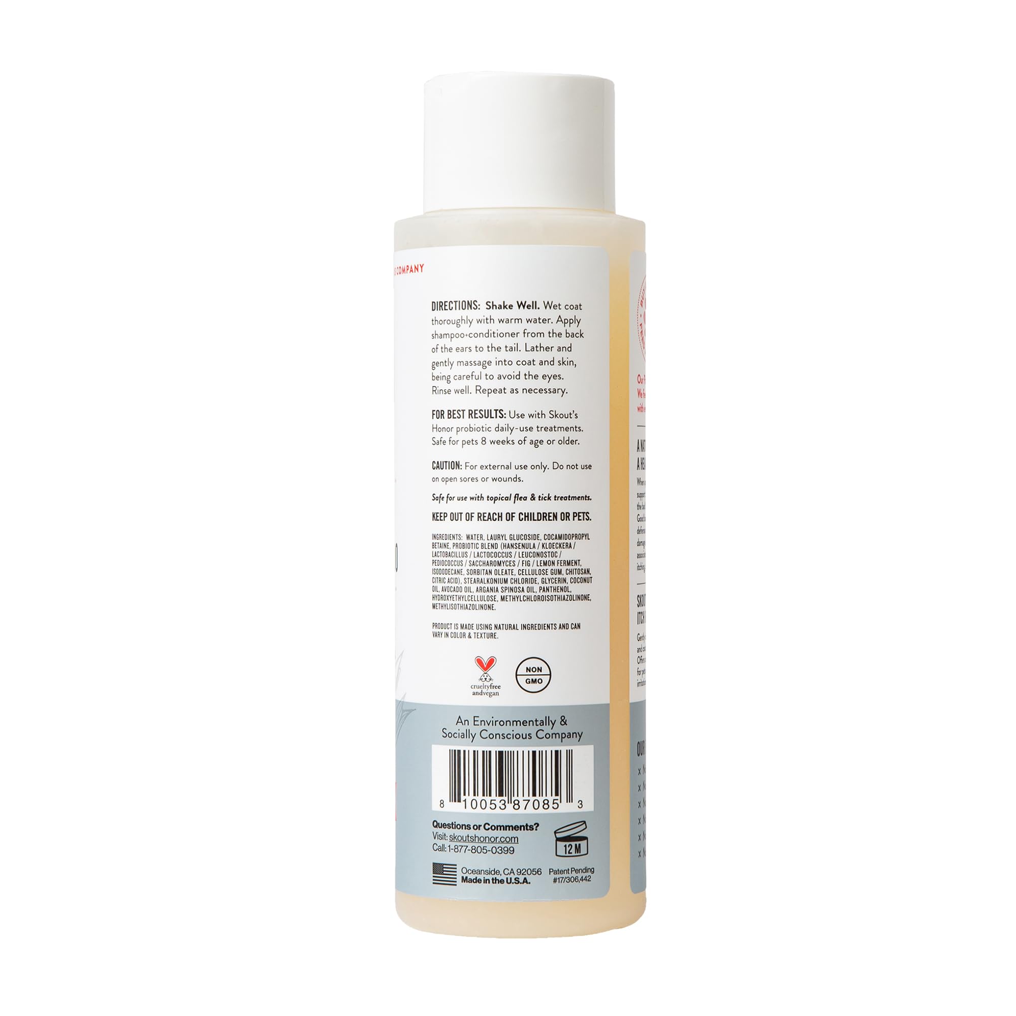 SKOUT'S HONOR Probiotic Itch Relief Shampoo, etiqueta sin fragancia, ideal para piel sensible de mascotas.