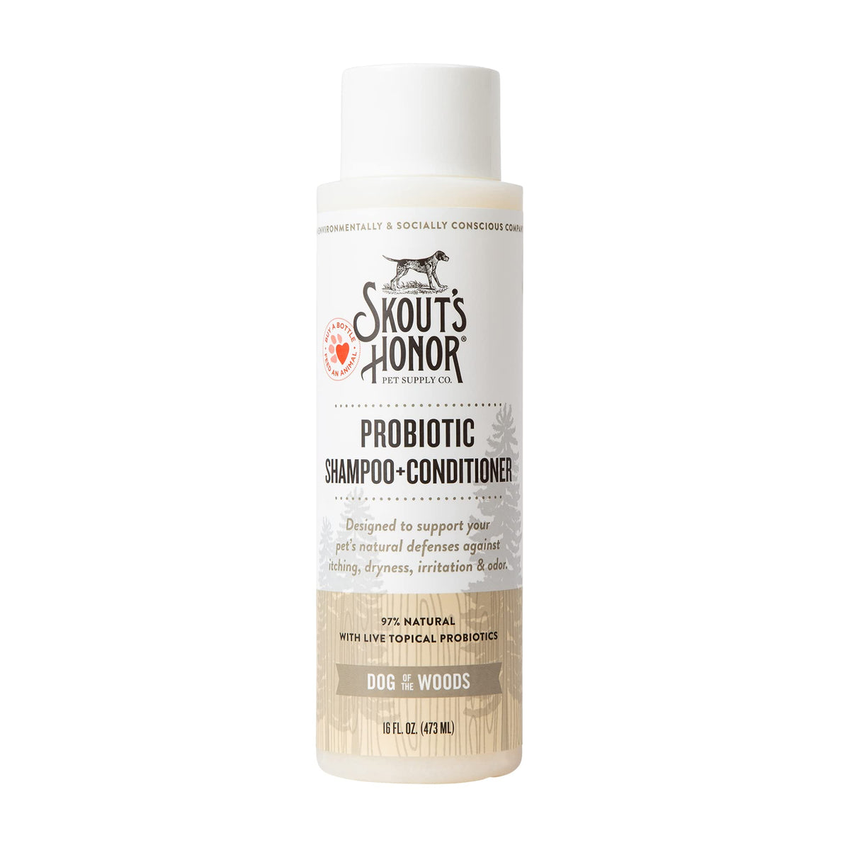 Skout's Honor champú probiótico para perros, botella derramando, limpieza suave y balance del microbioma.
