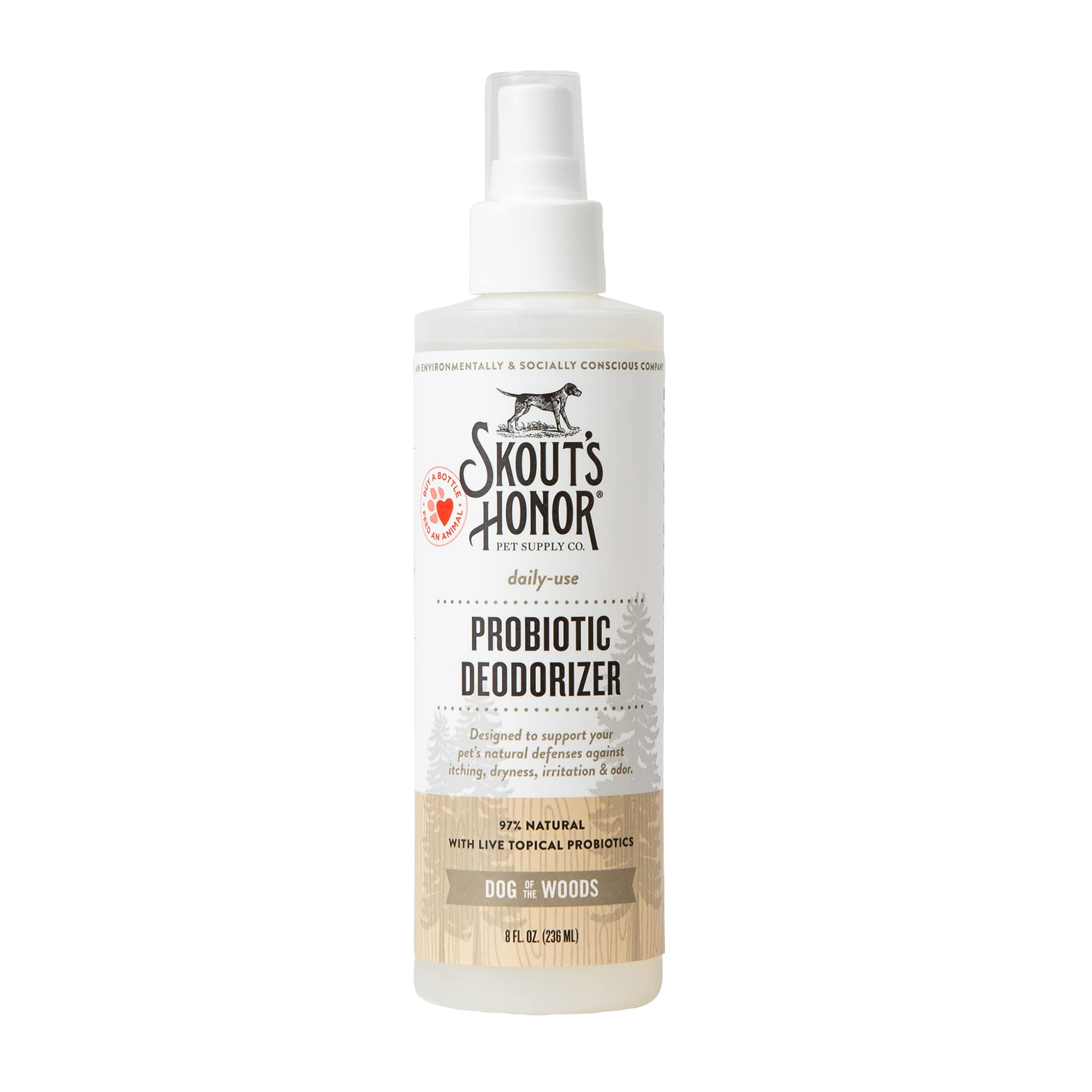 SKOUT'S HONOR desodorante probítico para mascotas, botella con pulverizador, aroma fresco para higiene diaria.