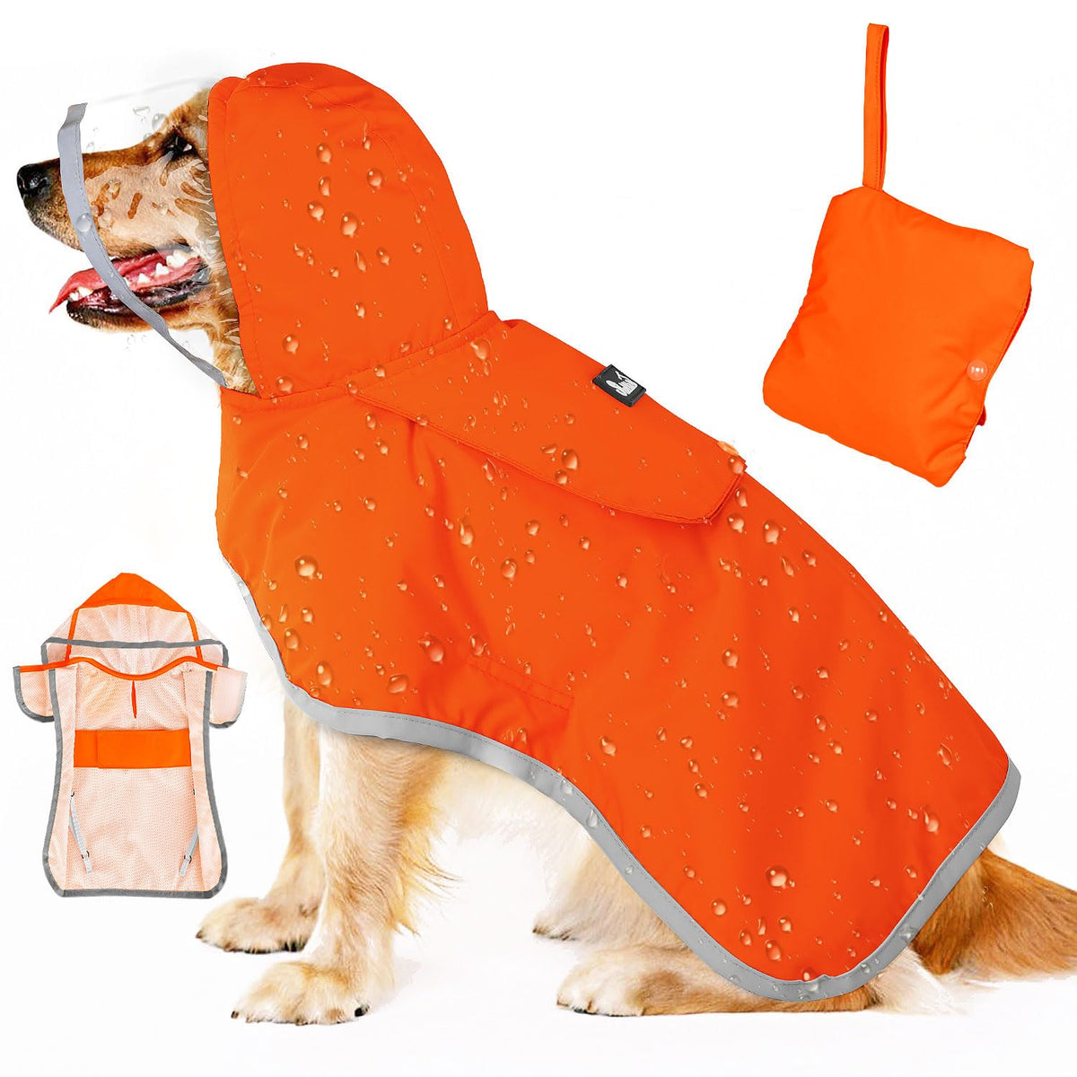SlowTon impermeable para perros con capucha transparente protegiendo de la lluvia.