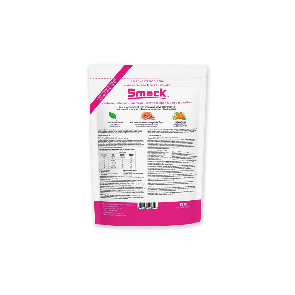 Smack ingredientes-clave salmon-caribe-deshidratado, muestra salmón y frutas orgánicas para perros curiosos.