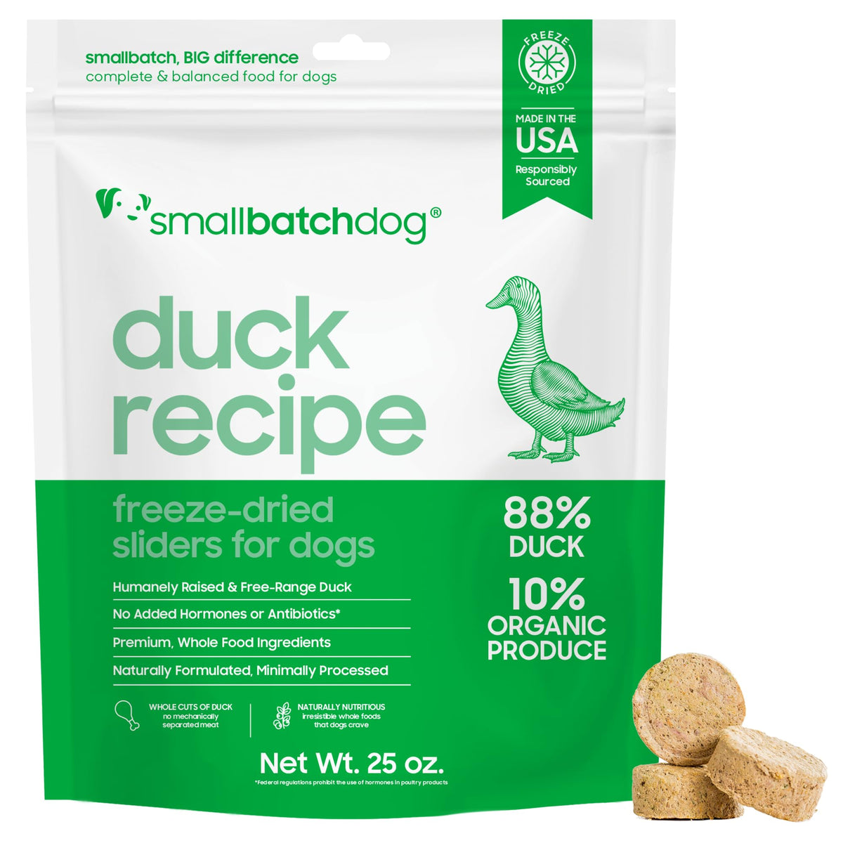 smallbatch pato liofilizado, muestra de proteína única para perros en dieta