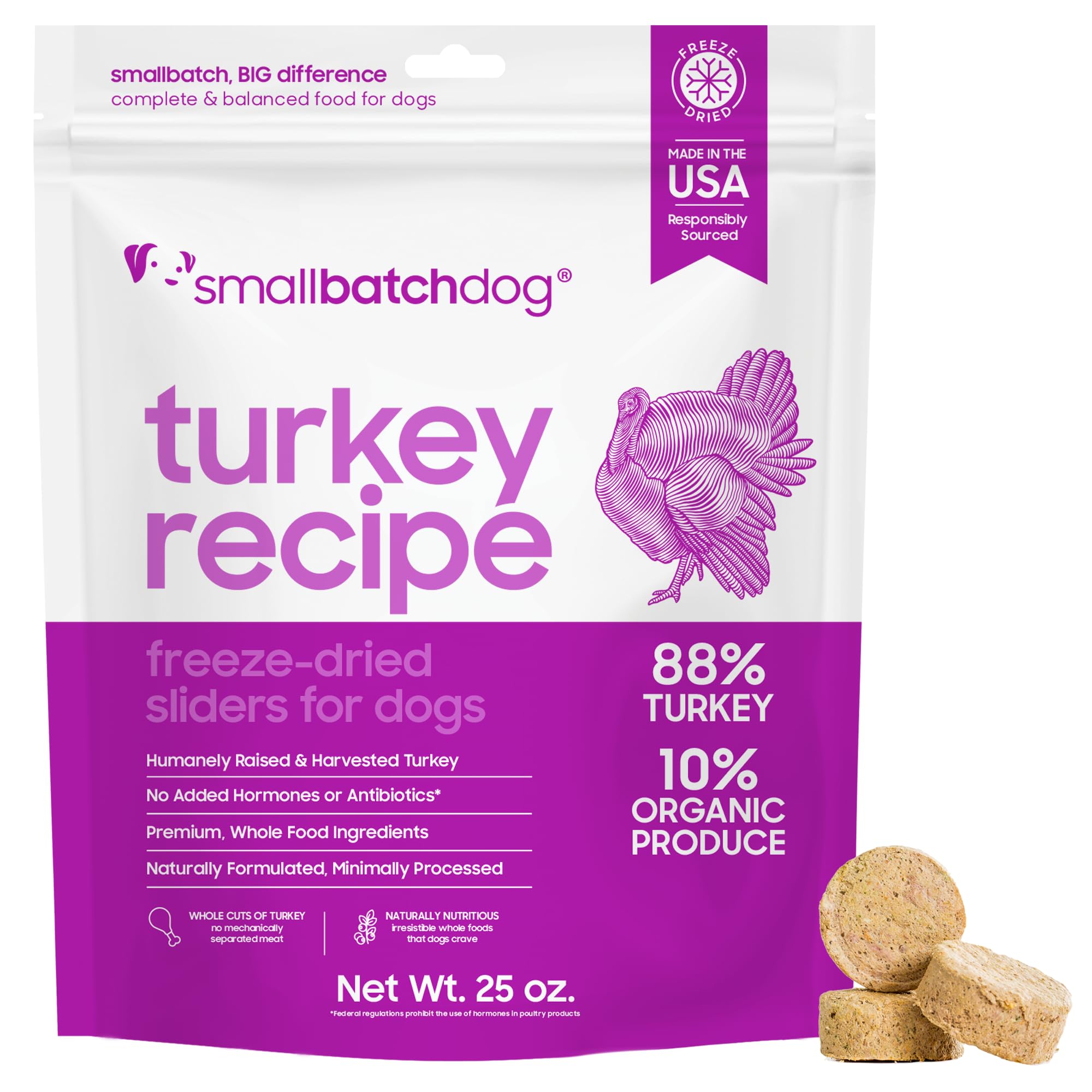 Smallbatch Pets muestra alimento crudo deshidratado de pavo, opción proteica para perros exigentes