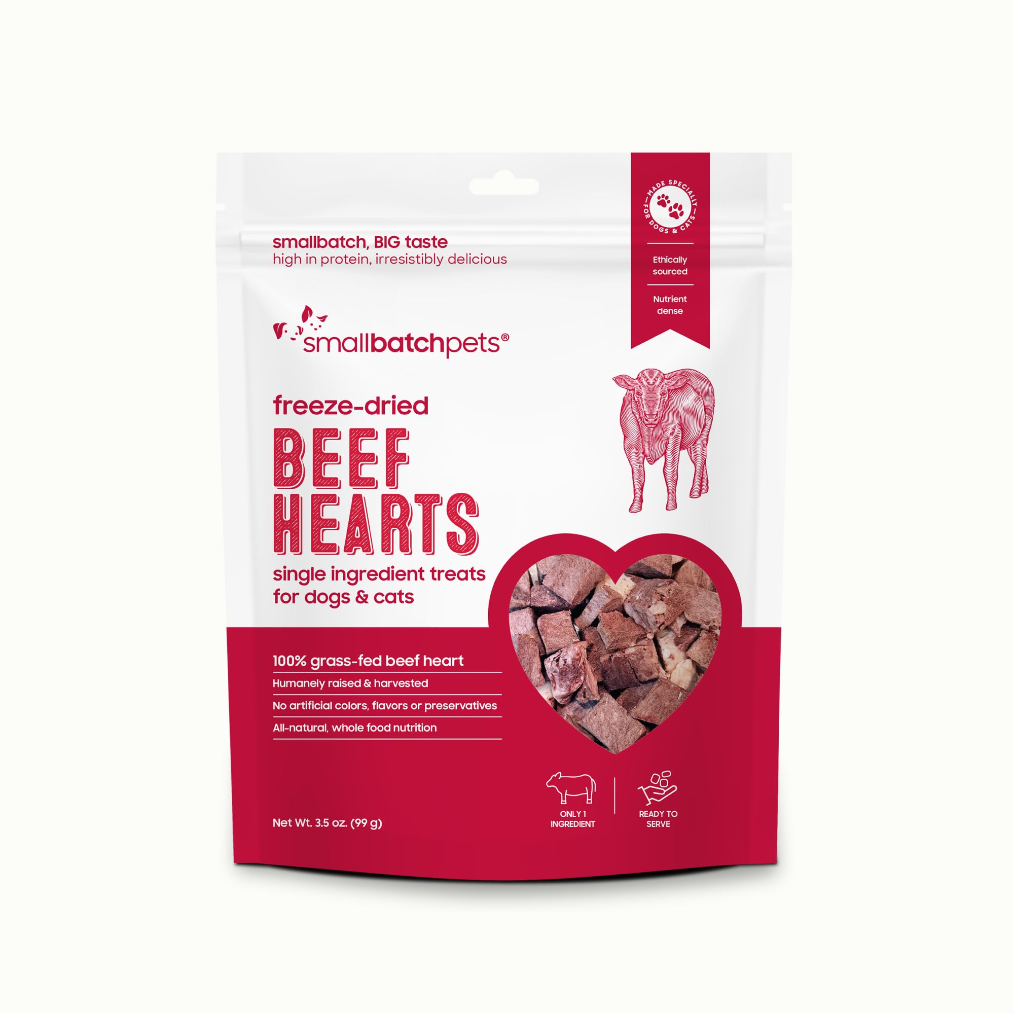 Snack de corazón de res smallbatch Pets, liofilizado, para perros y gatos, sabor natural.