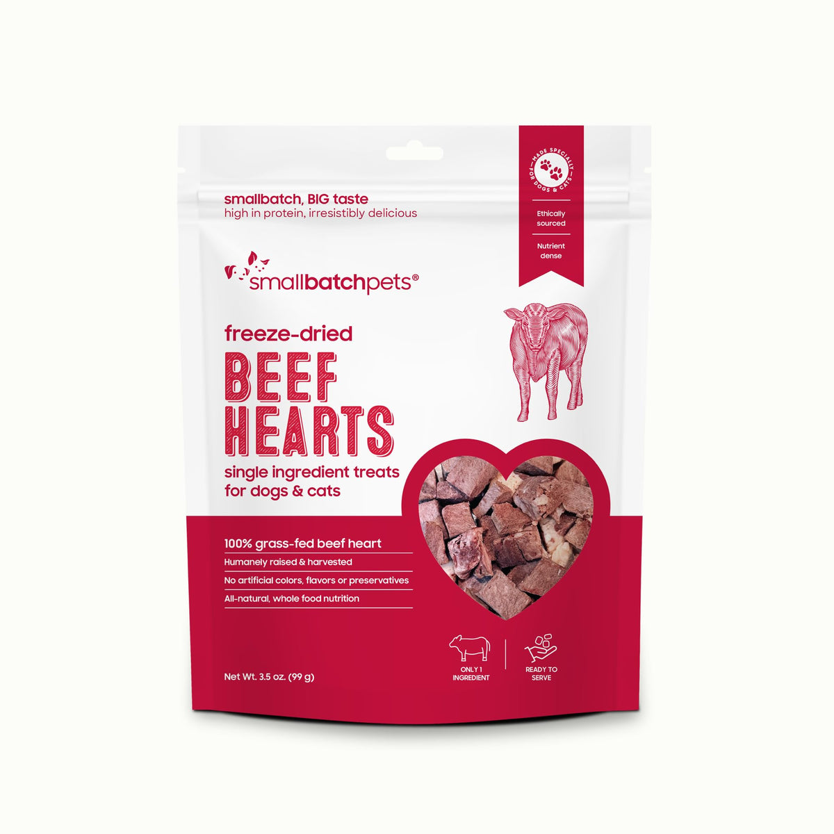 Snack de corazón de res smallbatch Pets, liofilizado, para perros y gatos, sabor natural.