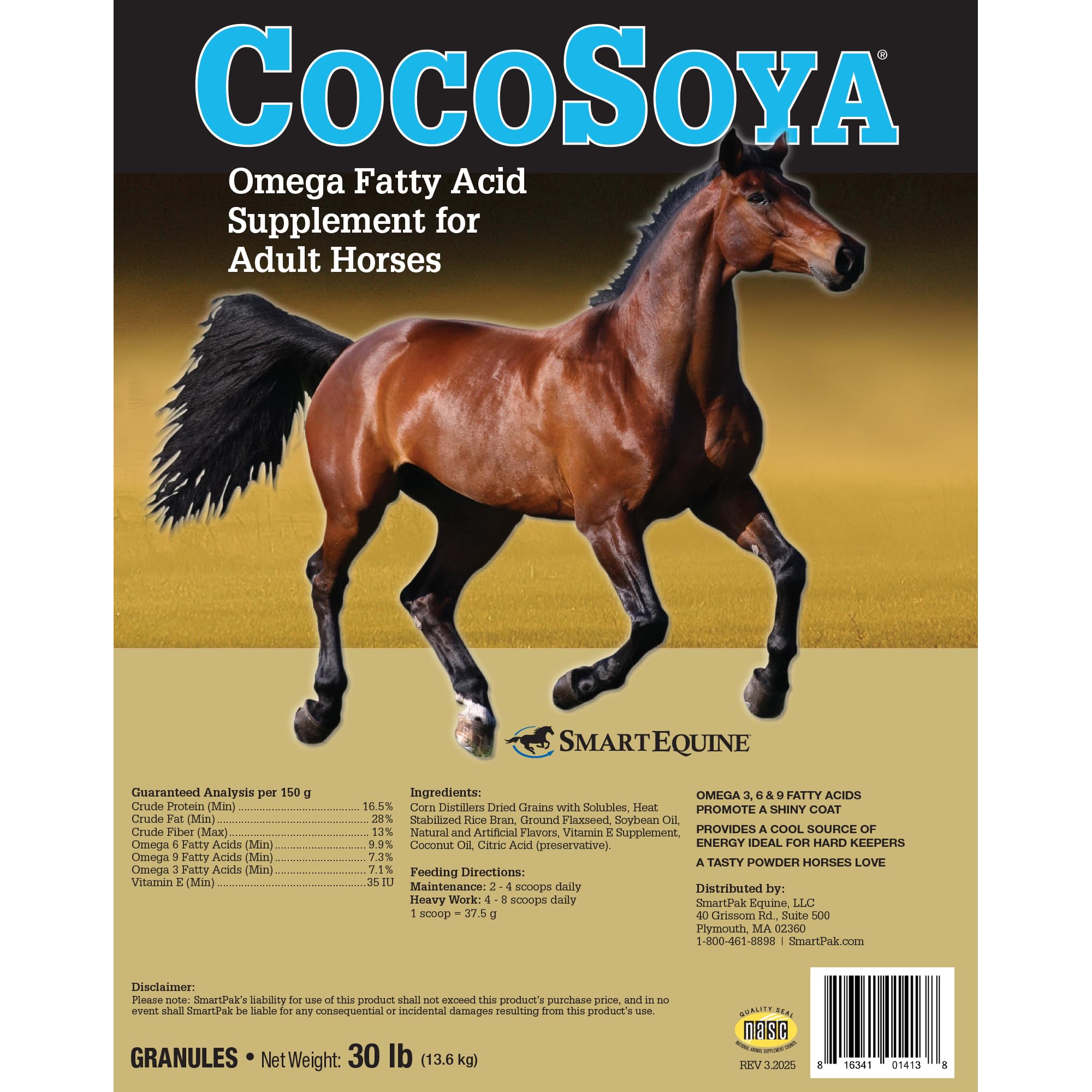 SmartEquine CocoSoya Granular, enfoque en brillo del pelaje gracias a aceites vegetales.