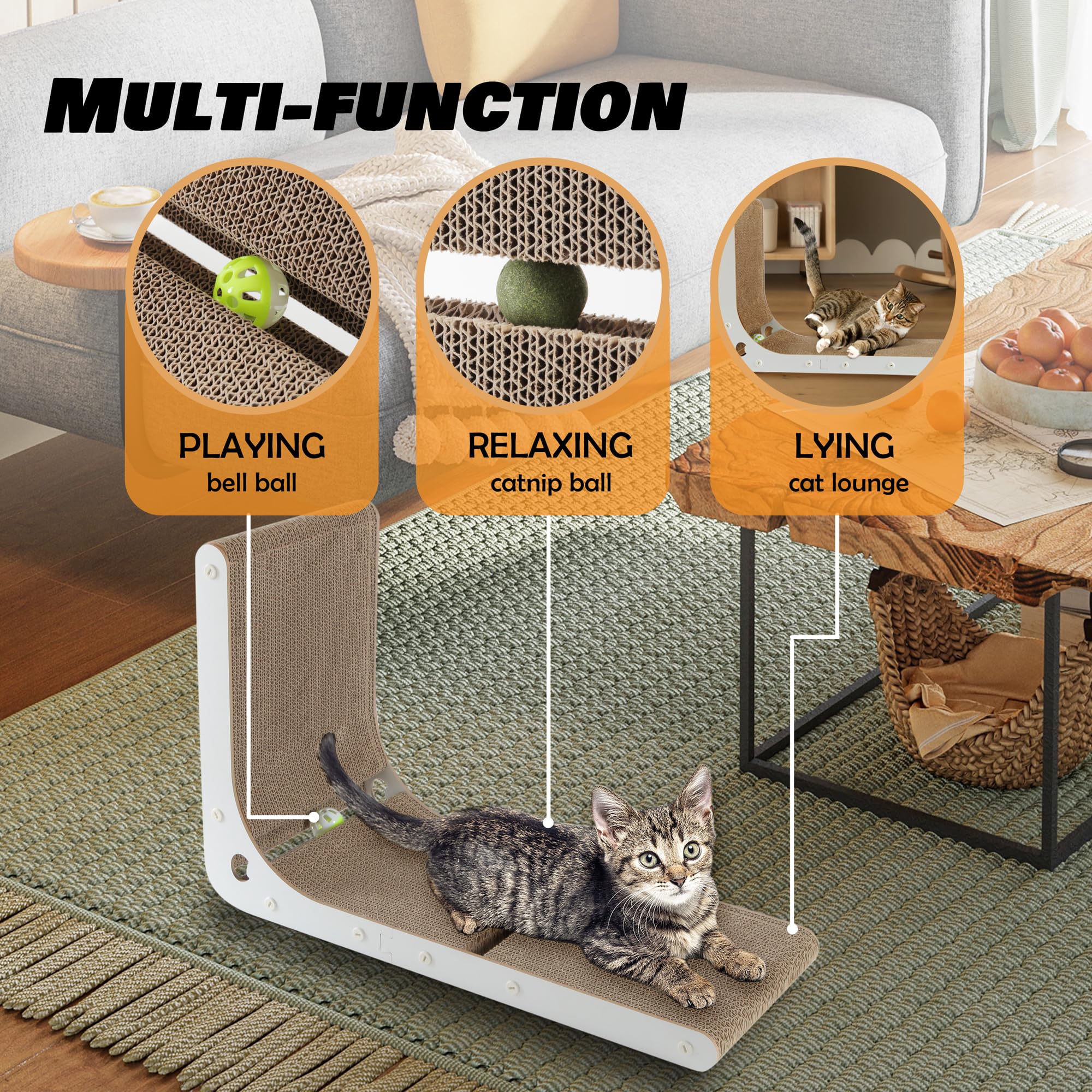 SMARTBEAN rascador en L incluye dos pelotas, catnip y campana para juego continuo.