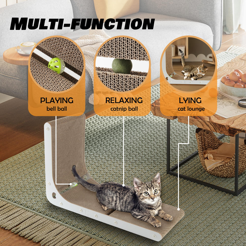 SMARTBEAN rascador en L incluye dos pelotas, catnip y campana para juego continuo.