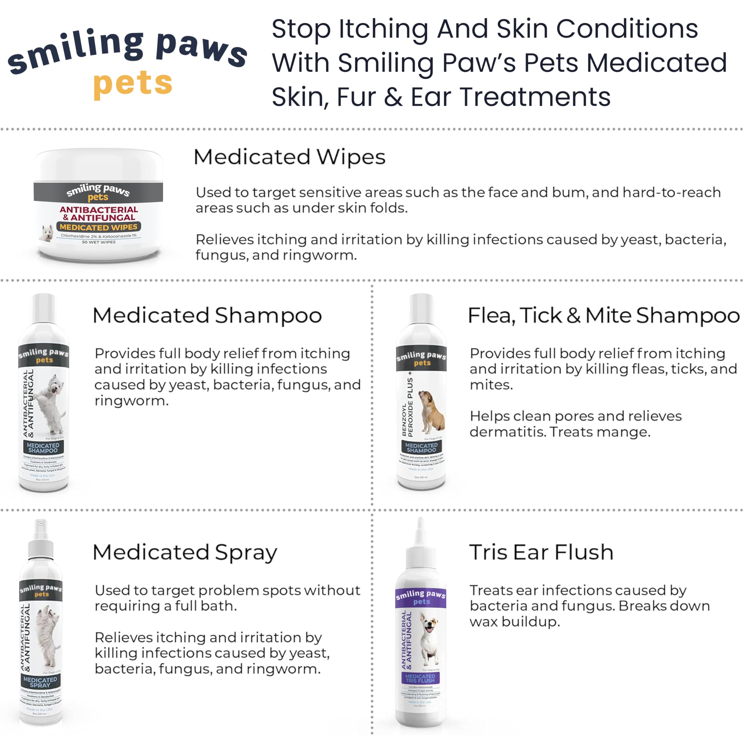 Smiling Paws Pets champú medicado para perros y gatos, cuidado diario del pelaje.