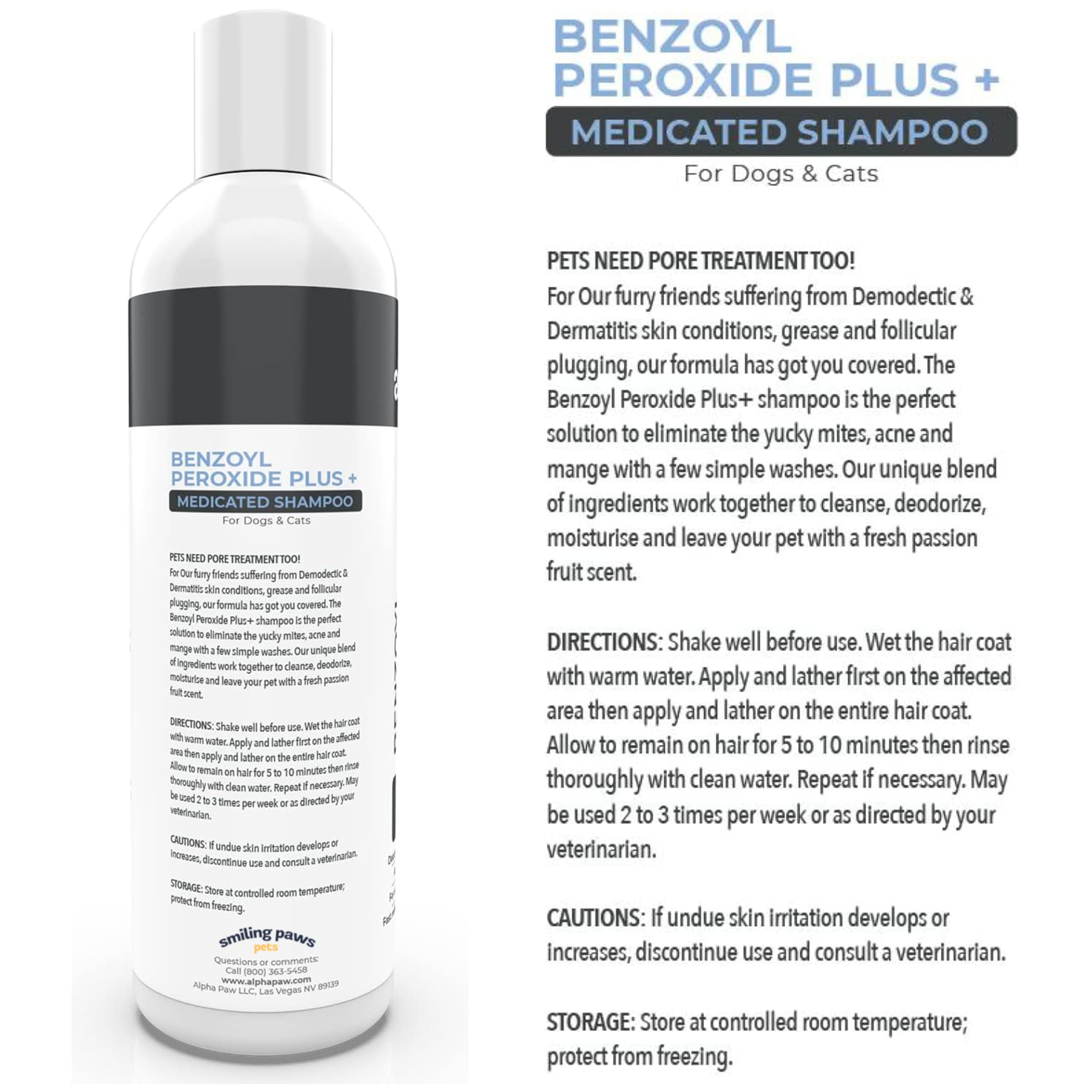 Smiling Paws Pets champú medicado recomendado para uso profesional veterinario y doméstico.