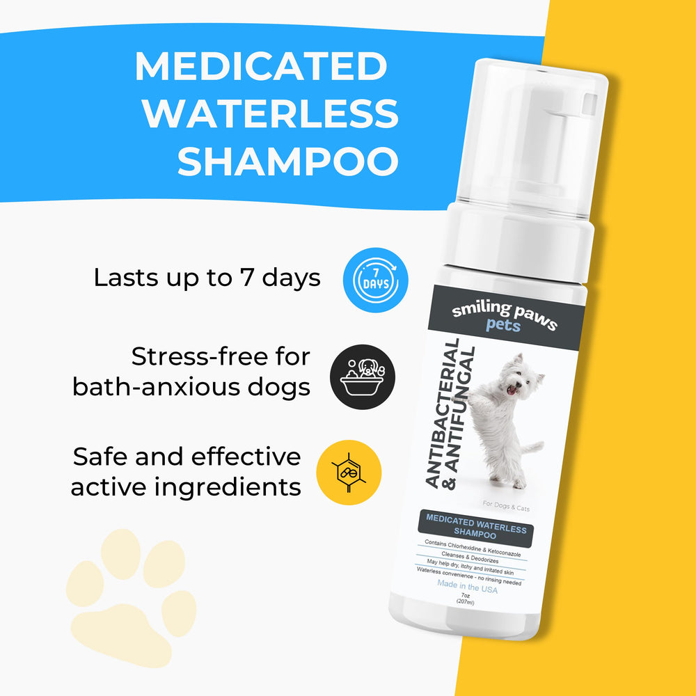 Smiling Paws Pets champú sin agua aplicado en perro para refrescar pelaje.