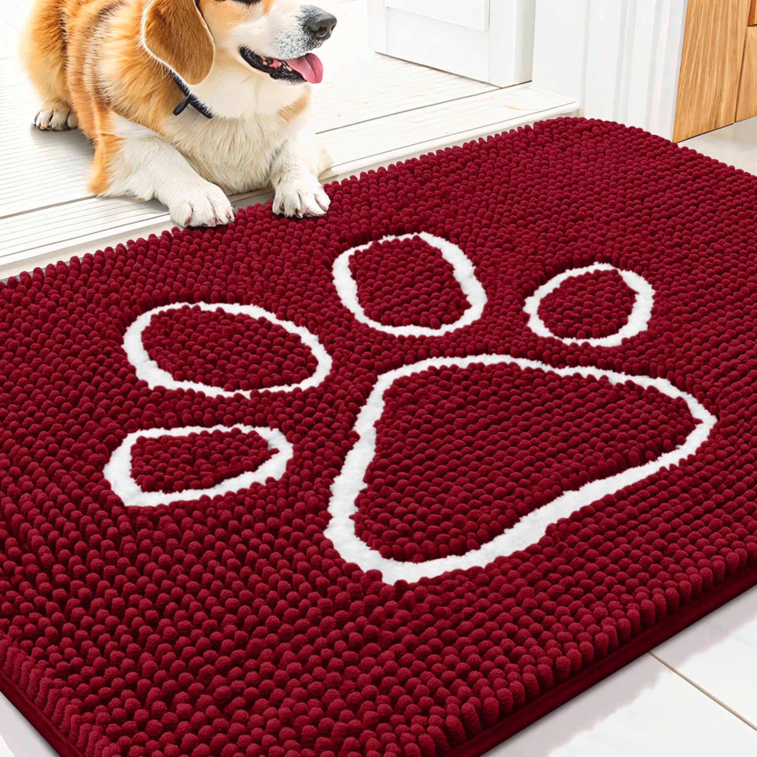 Smiry alfombra para perros, vista frontal en rojo y blanco, absorbe humedad.