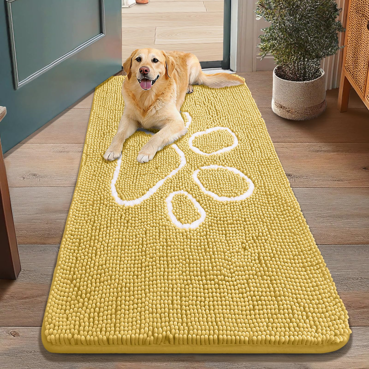 Smiry felpudo chenille suave amarillo y blanco, confort al pisar.