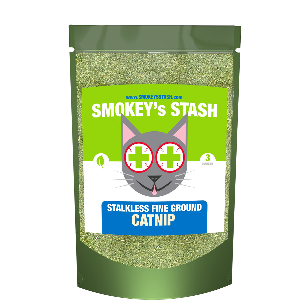 Smokeys Stash Catnip sin tallos, seco y molido para entretenimiento felino.