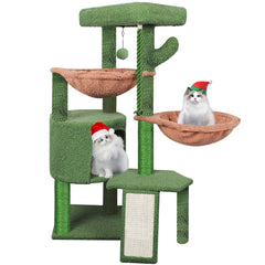 Smouatou Wang Xin: árbol para gatos de tres niveles verde, ideal para descansar y observar.