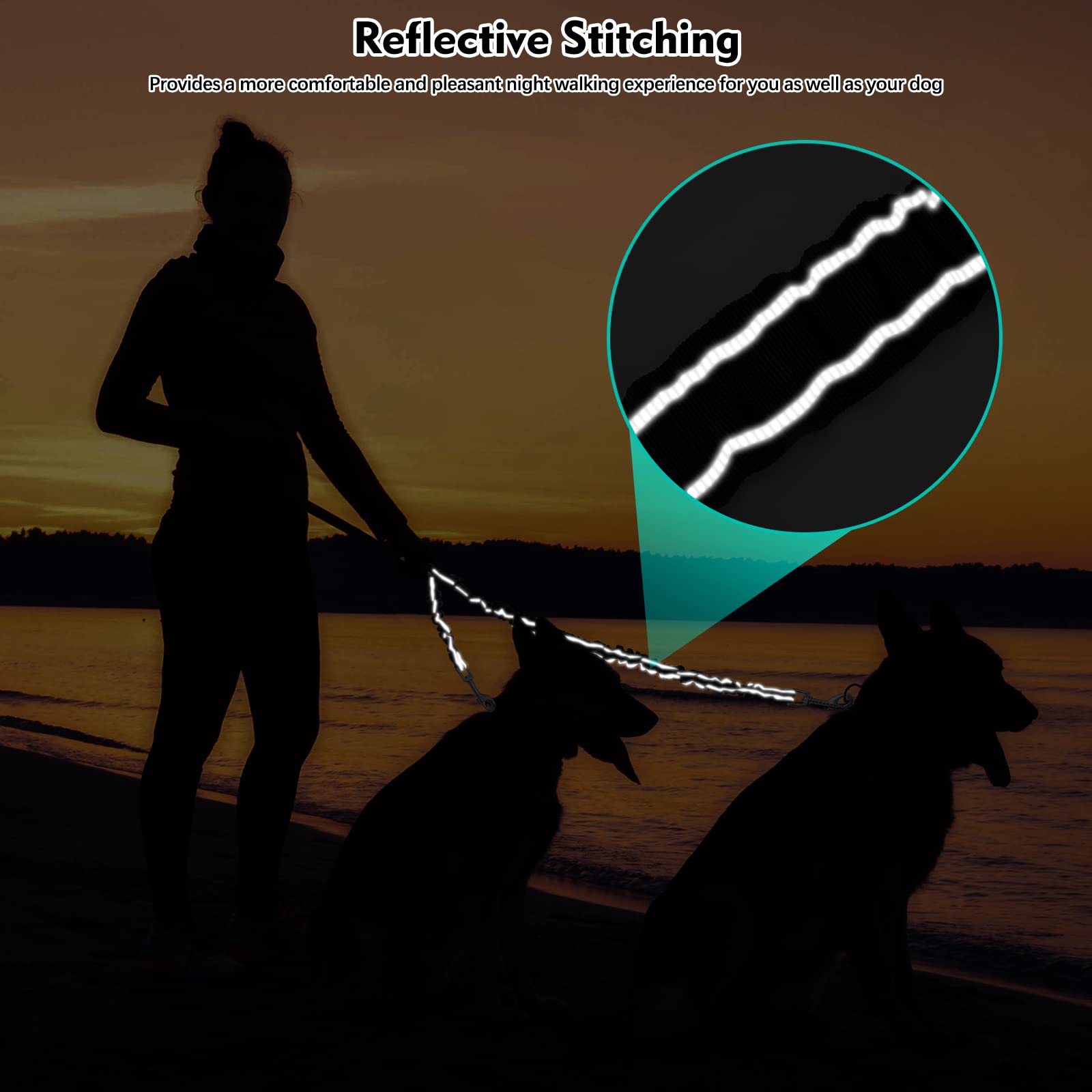 Costuras reflectantes de Snagle Paw para mayor visibilidad nocturna.