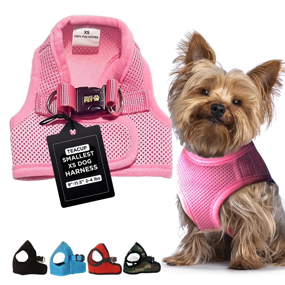 Arnés Snazzi Pet sin tirones rosa, vista frontal, ideal para paseos diarios.