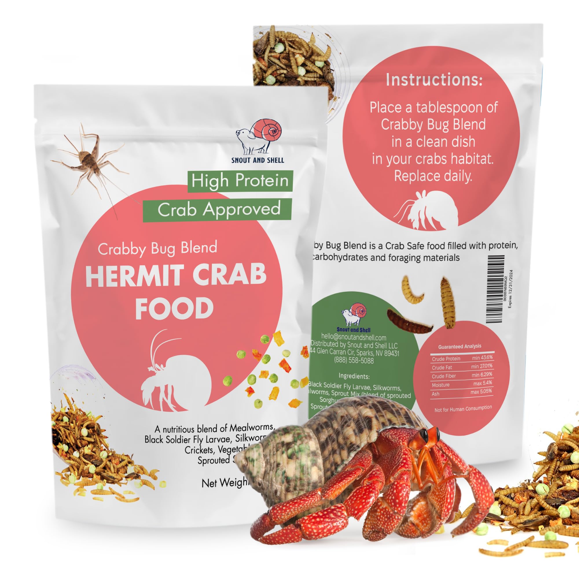 Snout and Shell Crabby Bug Blend empaque: almacenamiento fácil para alimentar a tu cangrejo.