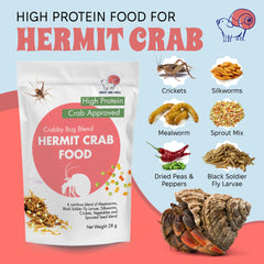 Snout and Shell Crabby Bug Blend proteína alta para crecimiento saludable de cangrejos ermitaños.
