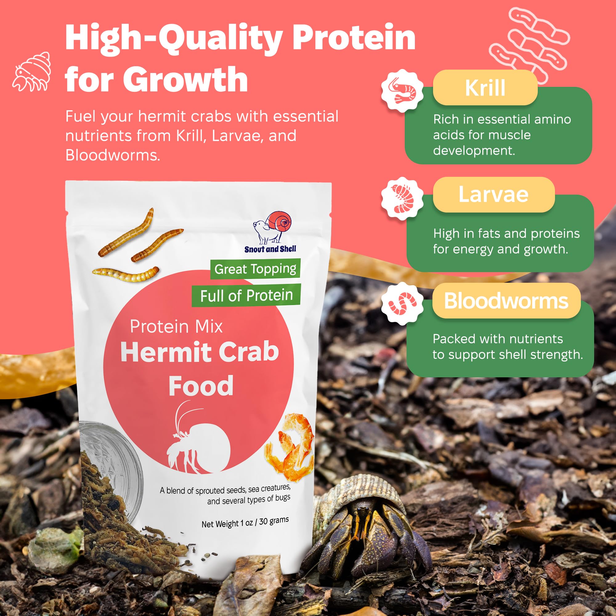 Snout and Shell: mezcla proteica con granos germinados para cangrejo ermitaño y variedad