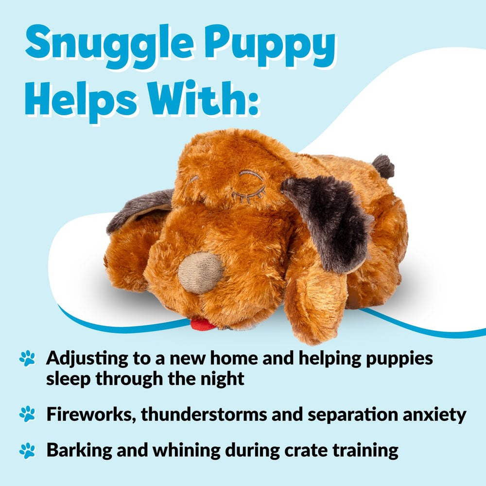 Juguete Snuggle Puppy con bolsa de calor removible para confort inmediato.