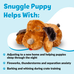 Juguete Snuggle Puppy con bolsa de calor removible para confort inmediato.