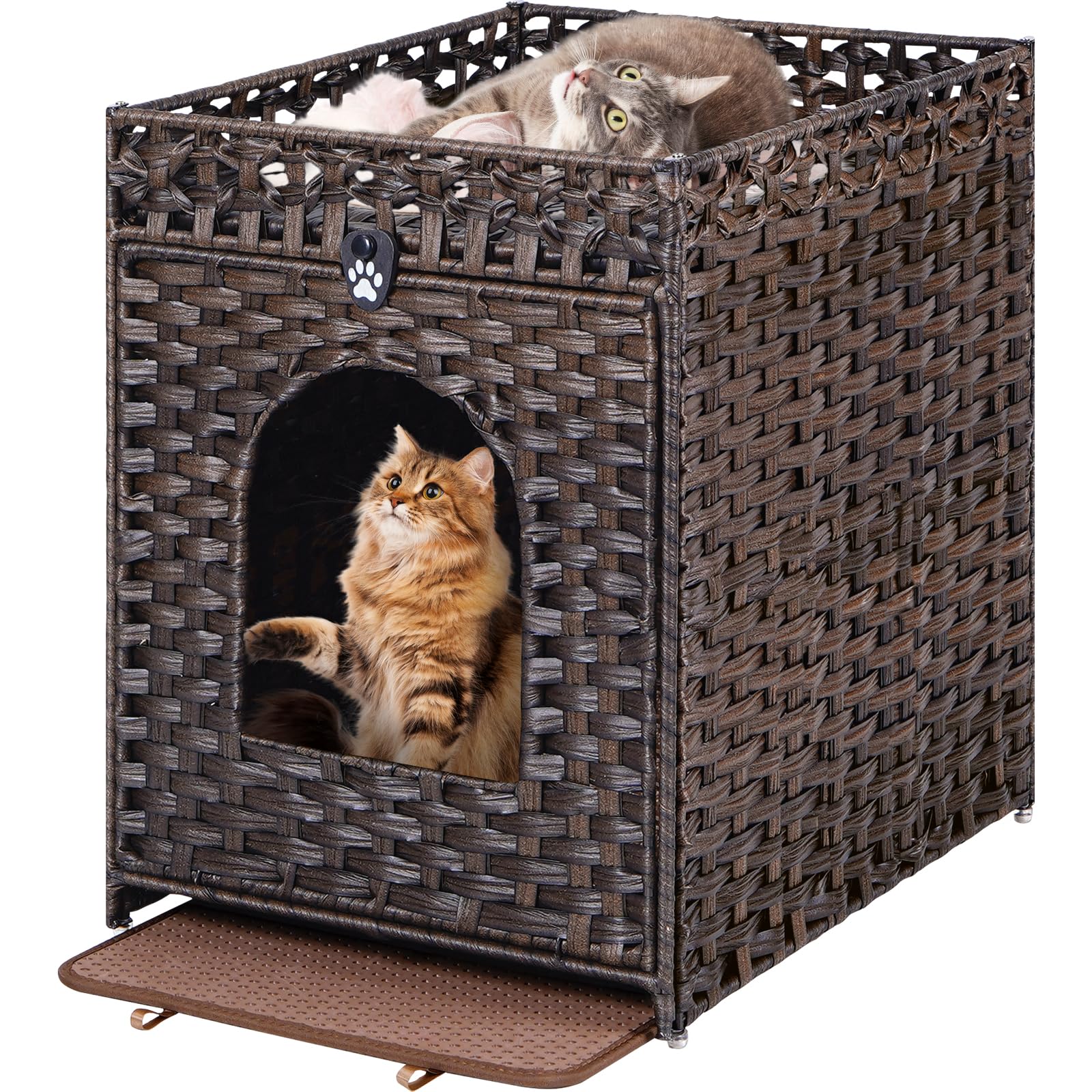 Snughome caja-litter escondida frontal, estética cálida y acceso cómodo para gatos.
