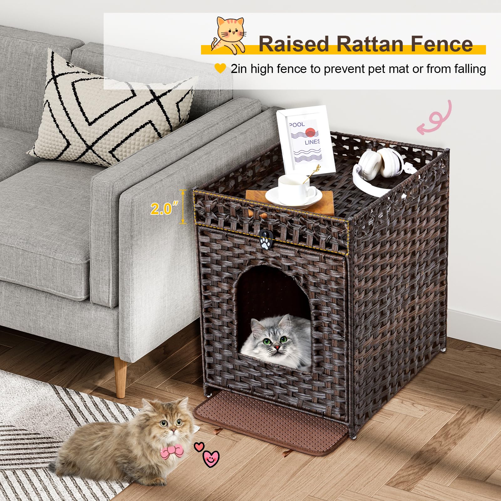 Snughome caja-litter escondida interior, espacio cómodo para gato y cuidado diario.