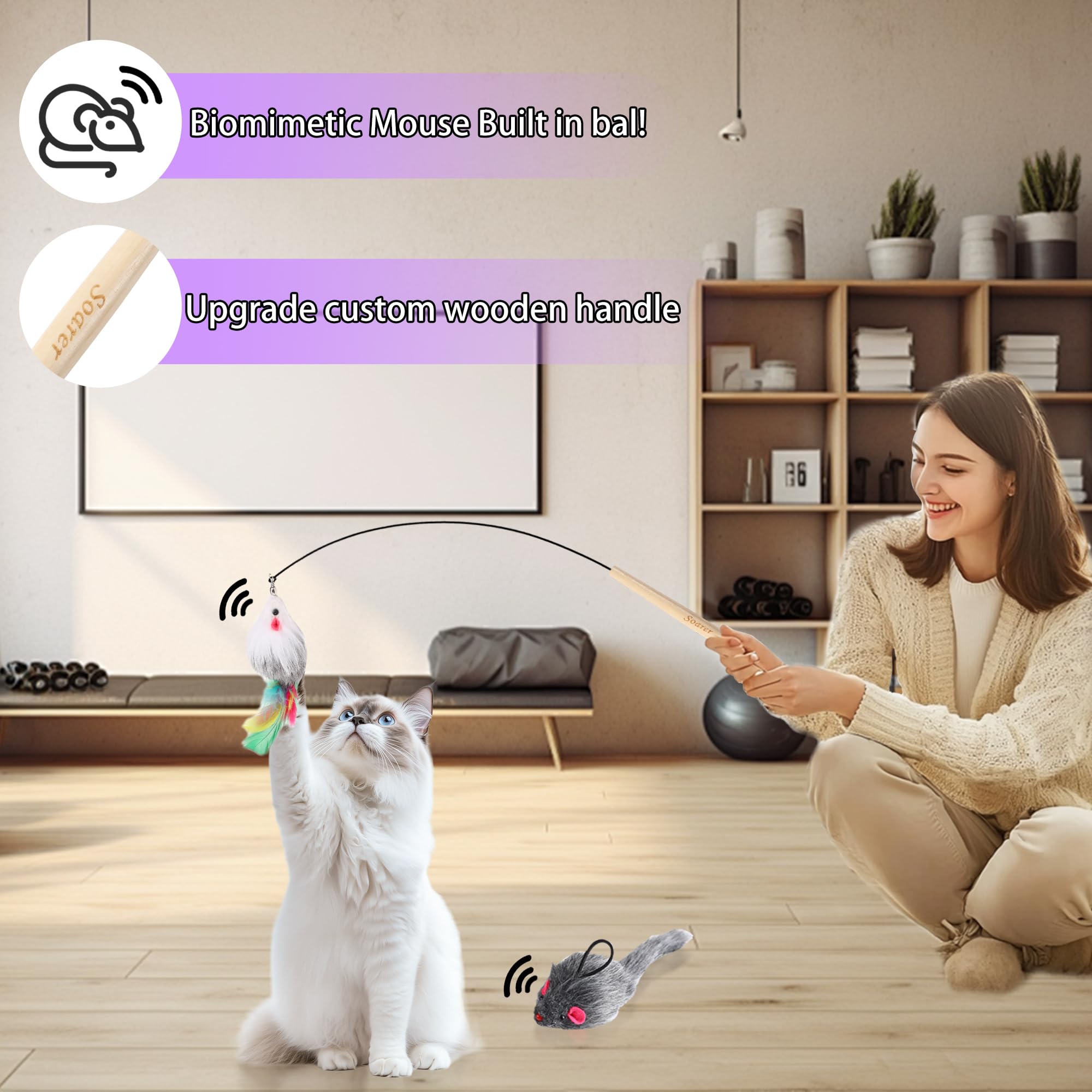 Soarer juguete ratón biomimético para gato 2, promueve movimiento activo y exploración.