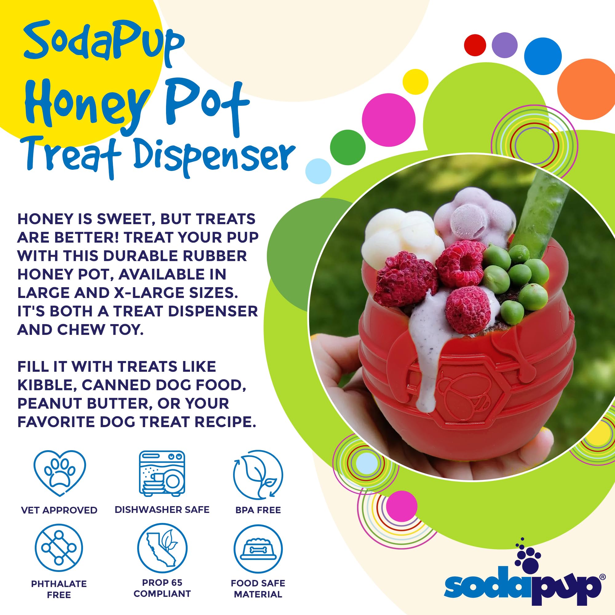 SodaPup Honey Pot hecho de goma natural no tóxica para masticación segura.