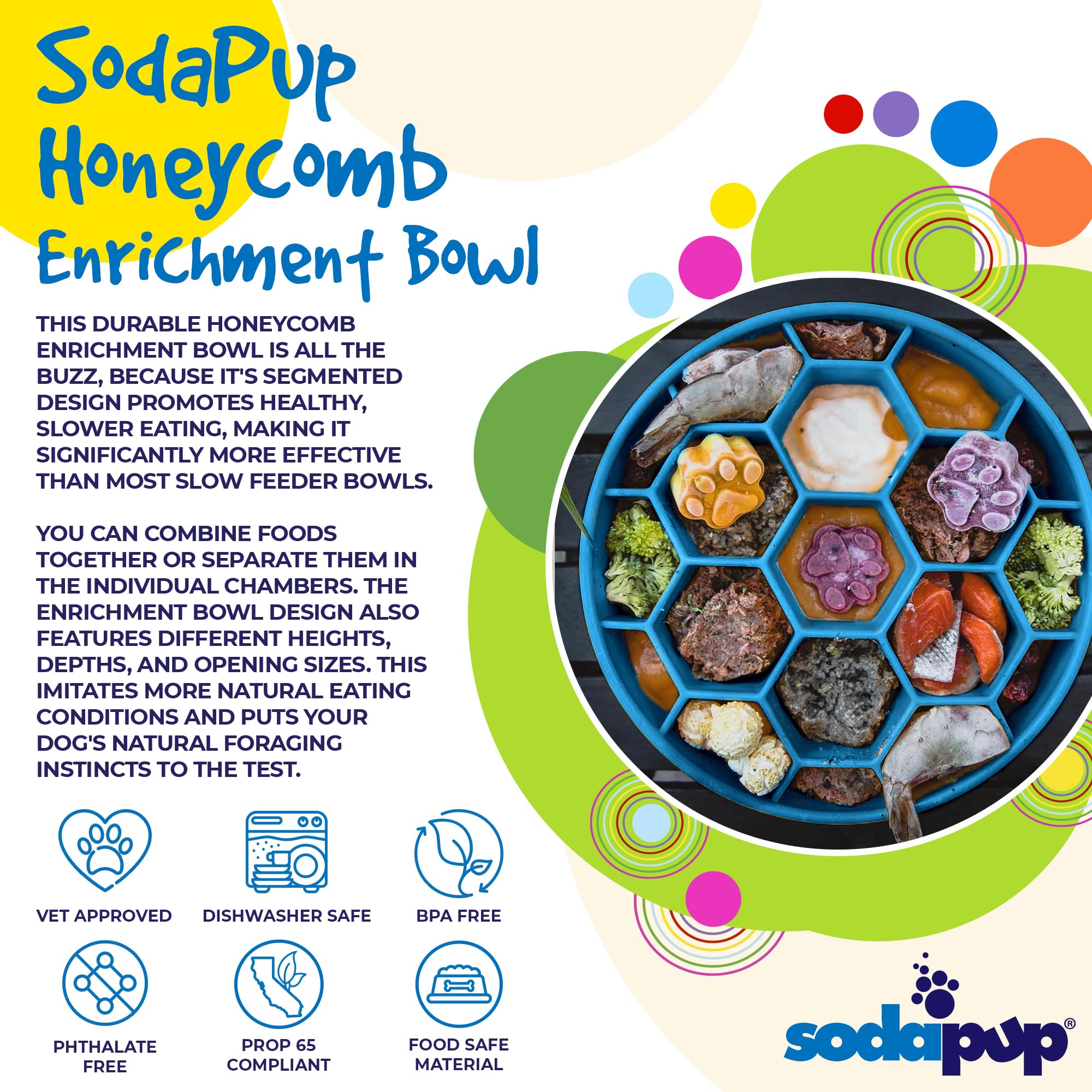 SodaPup Honeycomb Enrichment Bowl, diseño compacto, apto para perros de todos tamaños, fomenta juego natural.