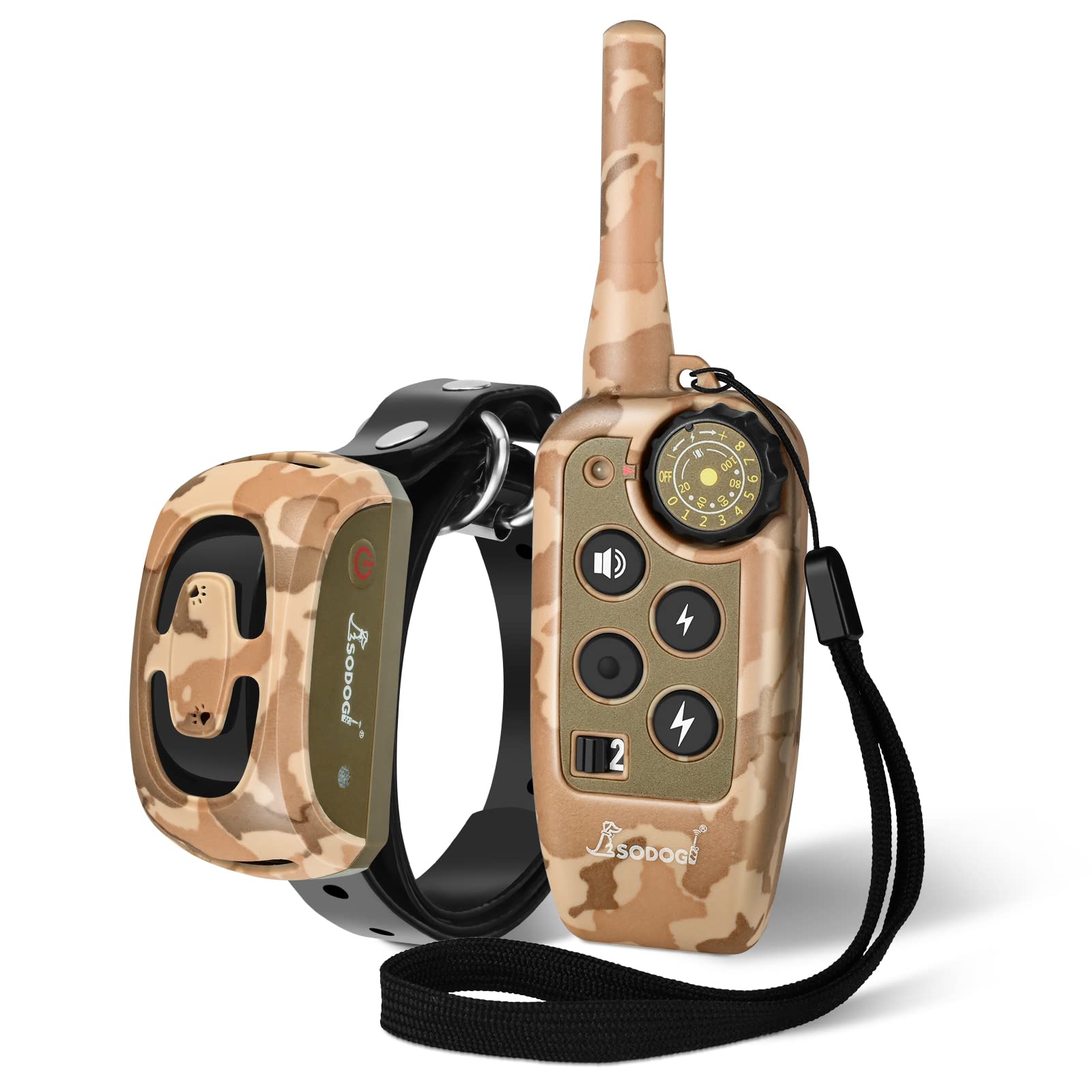 SODOG collar camuflaje desierto, vista frontal, control suave para entrenamiento.
