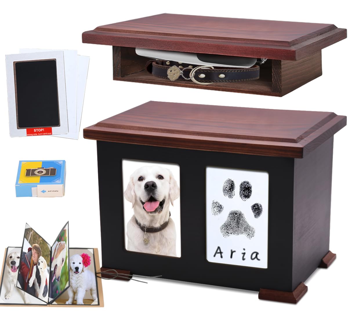 Sofunii urna de madera para mascotas con huella de pata, ideal para conservar recuerdos.