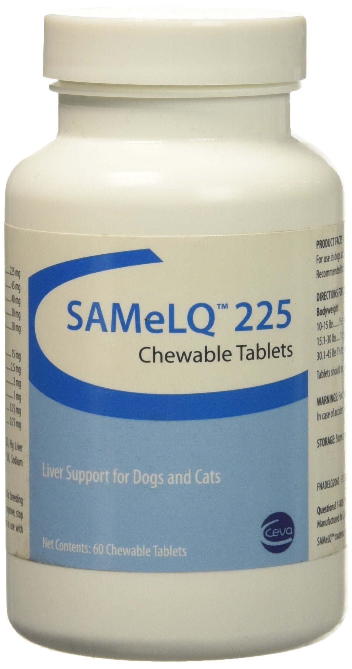 Sogeval SAMeLQ 225, vista frontal del frasco de pastillas masticables para perros