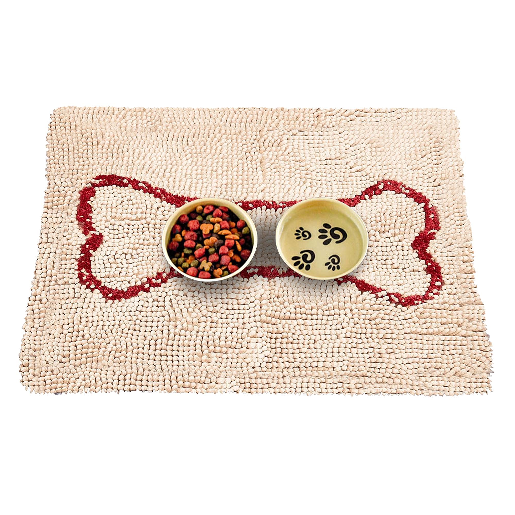 Alfombrilla Soggy Doggy Slopmat beige-rojo con hueso, absorbe derrames de comida y agua.